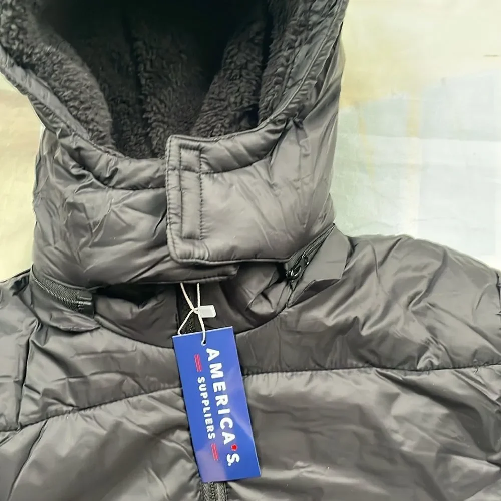 America's Suppliers Black Unisex Puffer Coat Fur Full Lined Hoodie Sz M